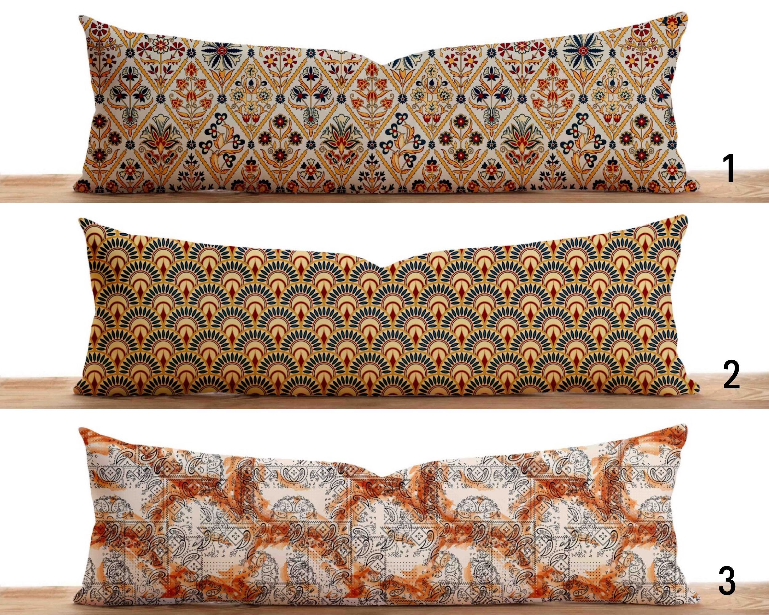 Boho Ethnic Lumbar Pillow Cover, Vintage Moroccan Style Long Body Pillow Cover, Orange Yellow Baroque Floral Bolster Pillow Cover, All Sizes