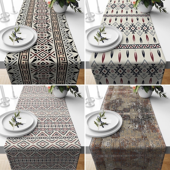 Runner da tavolo in lino stile etnico tribale azteco Boho
