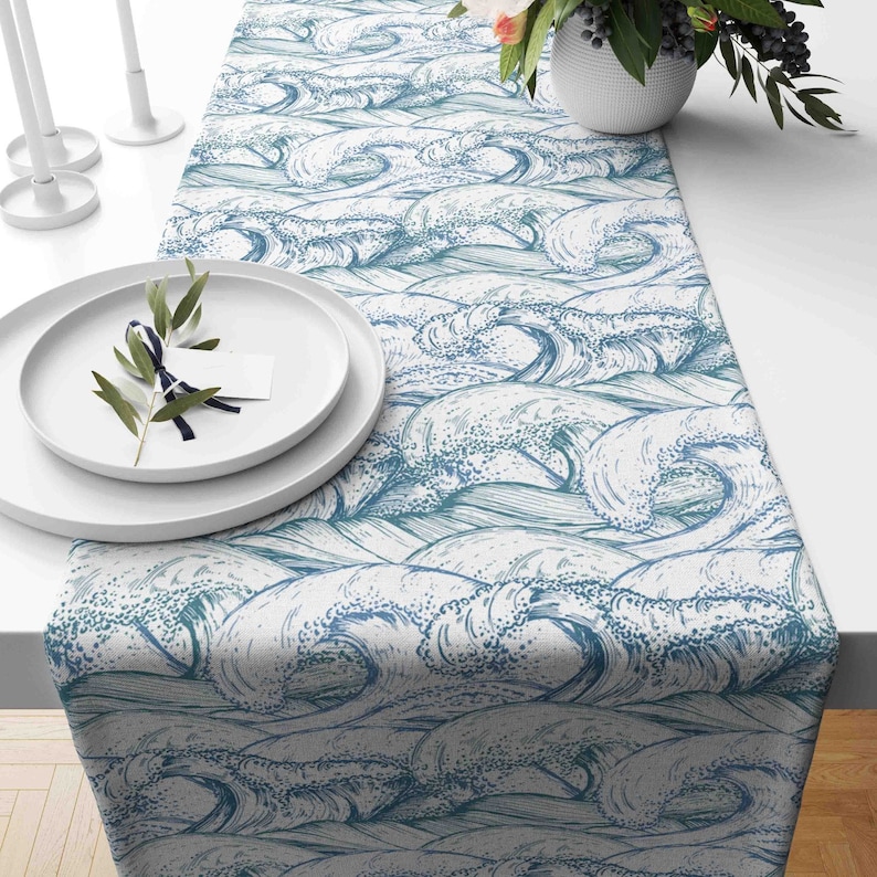Wave Table Runner Pattern Blue & White Marine Table Runner, Fish and Wave Design Runner, Nautical ...