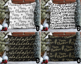 Merry Christmas & Ho Ho Words Pillow Cover, Christmas Texts Quotes Cushion Cover, Boho Winter Pillow Case, Living Room Decor, All Sizes