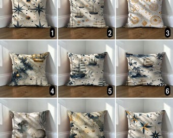 Maritime Vintage Style Sailboat Cushion Cover, Nautical Ship Pillow Case, Father's Day Gift