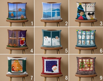 Winter Window Pillow Cover, Landscape Cushion Cover, Christmas Pillow Case, Country House Decor, All Sizes Pillow, Unique Home Decor, 28x28