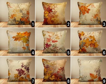 Boho Vintage Fall Leaves Pillow Cover, Leafy Autumnal Cushion Cover, Digital Print Custom Size Throw Pillow Case, Rustic Farmhouse Decor