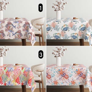 Coastal Ocean Life Tablecloth, Fish Crab Coral Seashell Starfish Tablecloth, Tropical Marine Tablecloth, Coastal Summer Beach House Decor