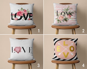 Love Pillow Cover, Pink & White Cushion Cover, Valentine Throw Pillow, Love Home Decor, Valentine's Day Gift, Cover Only, Cover Only