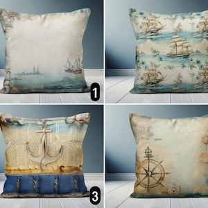 Vintage Nautical Throw Pillow Cover, Digital Print Beige Blue Maritime Pillow Case, Ship Anchor Compass Cushion Cover, Coastal House Decor