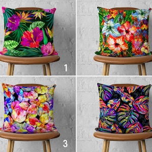 Vibrant Colorful Flowers Pillow Cover, Vivid & Bright Colored Leaves Pillow Case, Tropical Summer Cushion Cover, Any Size Pillows