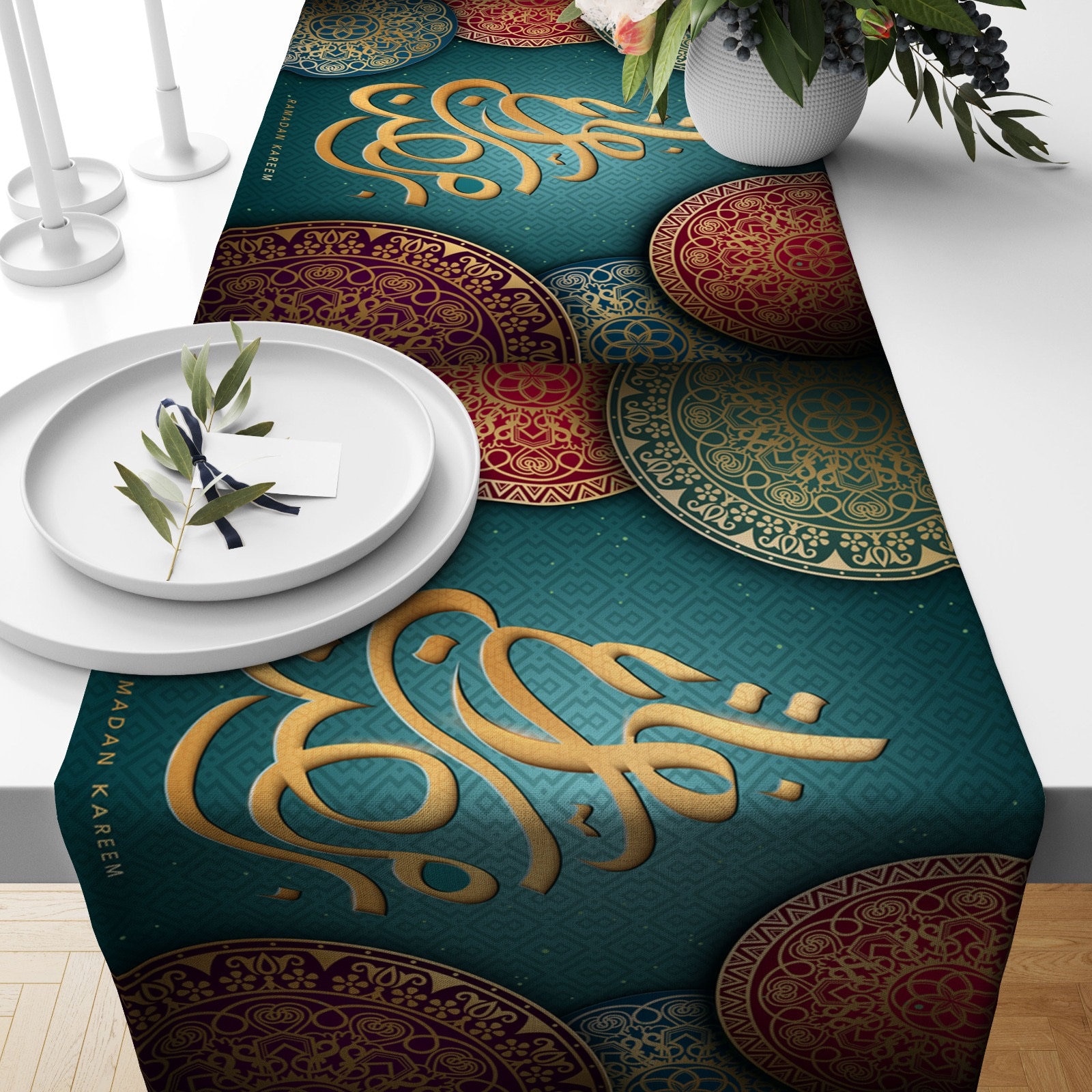 Blue Ramadan Table Runner, Eid Mubarak Runner, Arabic & Islamic ...