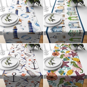 Corredor de mesa de vida marina náutica, corredor de cocina de faro y ancla, mantel marino, ropa de mesa oceánica, textil de cocina costera