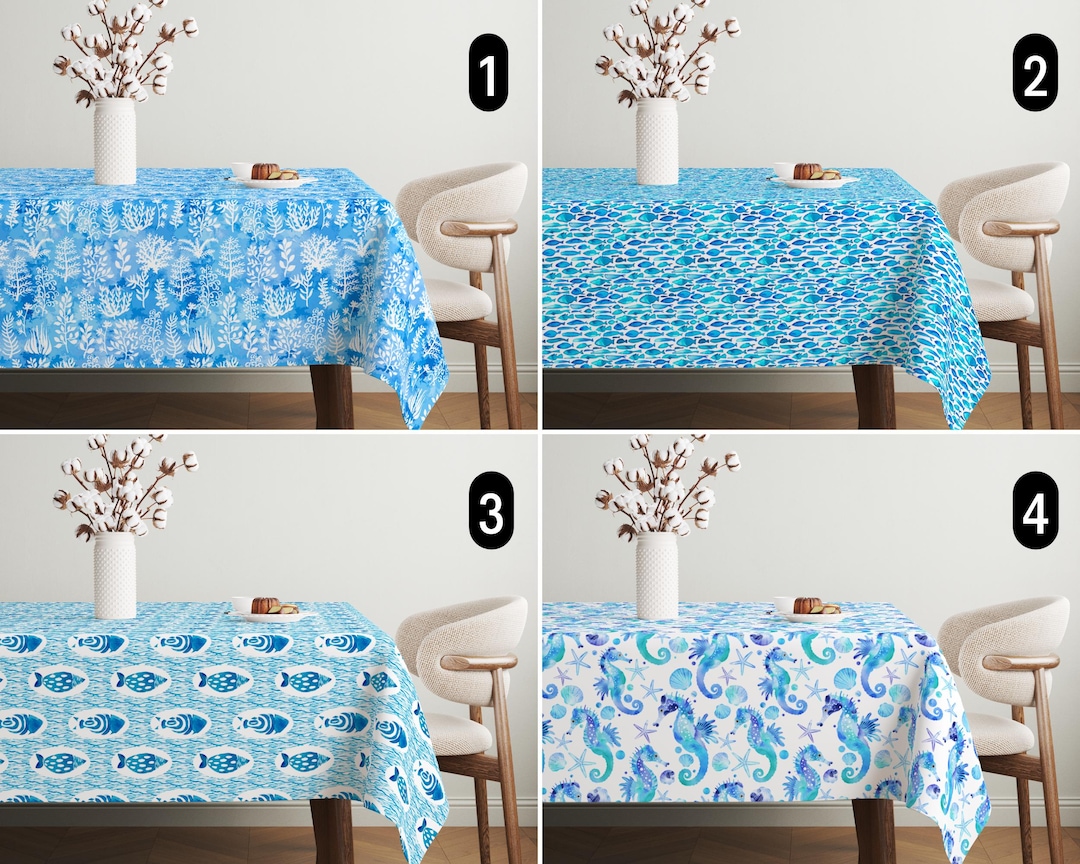Blue Coastal Watercolor Tablecloth, Marine Ocean & Sea Life Tablecloth ...
