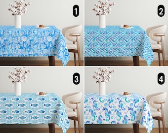 Blue Coastal Watercolor Tablecloth, Marine Ocean & Sea Life Tablecloth, Fish Starfish Coral Design Tablecloth, Nautical Beach House Decor
