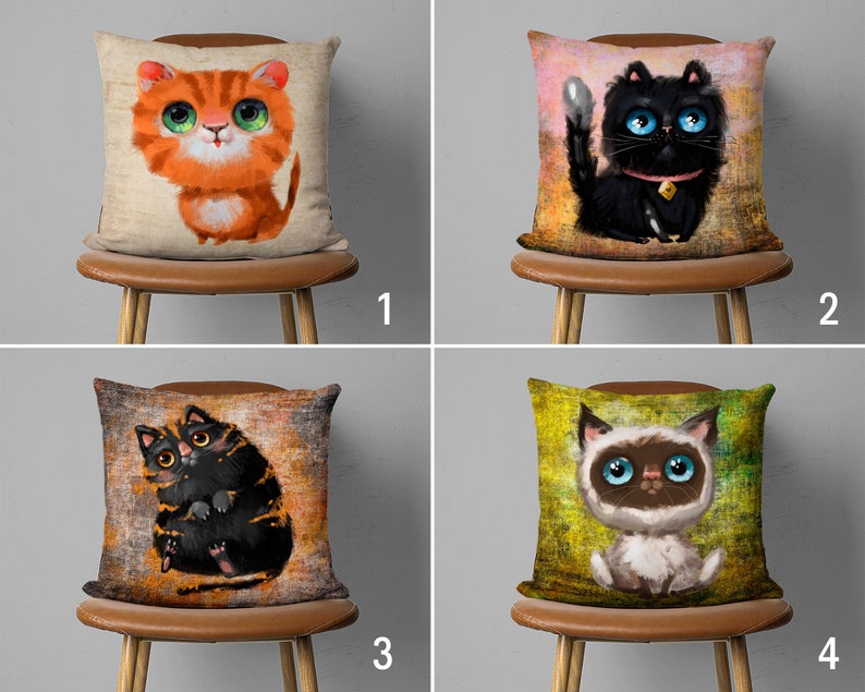 May include: Four different pillow covers featuring cute cartoon cats. The first pillow cover features an orange cat with green eyes. The second pillow cover features a black cat with blue eyes. The third pillow cover features a black and orange cat with yellow eyes. The fourth pillow cover features a white cat with blue eyes.