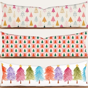 Copricuscino lombare con alberi di pino colorati, copricuscino oversize con motivo albero di Natale rosa e verde, copricuscino moderno per le lunghe vacanze invernali