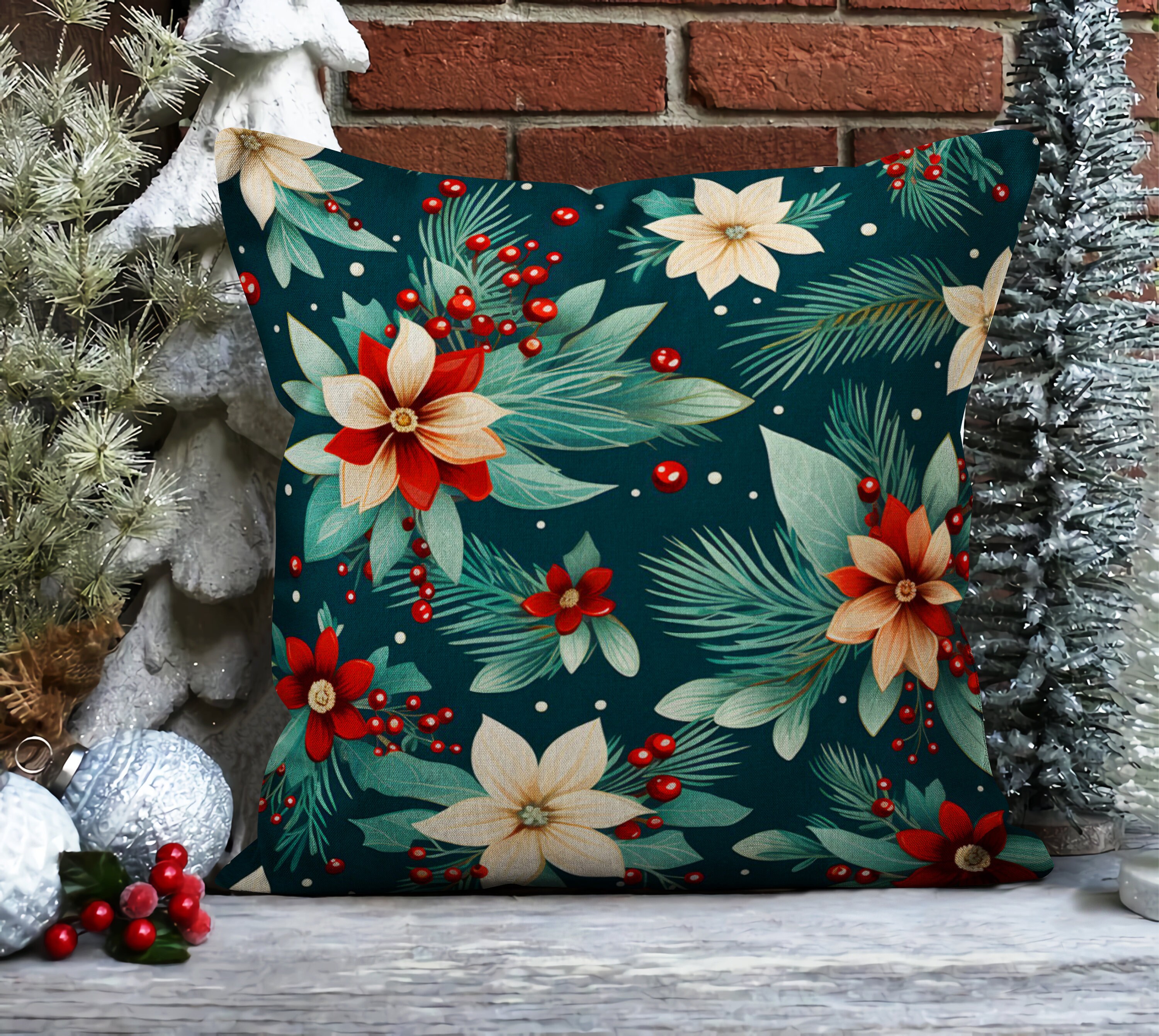 Red White Christmas Flower Pillow Cover, Floral Winter Throw