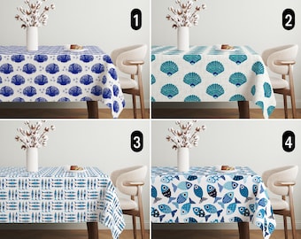 Blue Seashell & Fish Design Tablecloth, Nautical Coastal Tablecloth, Clam Shells Tablecloth, Tropical Summer Beach House Decor, Custom Size