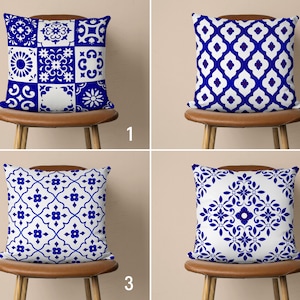 Navy Blue Tile Pattern Pillow Case, Moroccan Tile Pillow Cover, Admiral Blue Spanish Style Cushion Cover, Handmade Pillow, 20x20 18x18 16x16