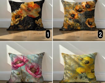 Dark Poppy Cushion Cover, Vintage Print Floral Pillow Case, Shabby Chic Farmhouse Decor