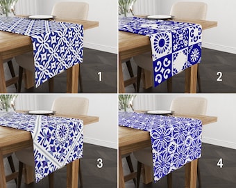 Bright Blue Spanish Style Kitchen Runner, Ethnic Table Runner, Authentic Tile Design Tablecloth, Any Size Runner, Kitchen Decor