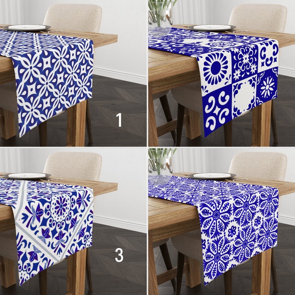 Bright Blue Spanish Style Kitchen Runner, Ethnic Table Runner, Authentic Tile Design Tablecloth, Any Size Runner, Kitchen Decor