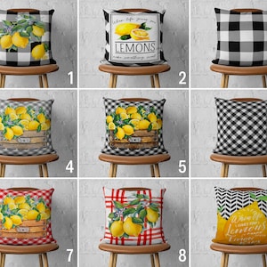 May include: Nine different pillow designs featuring lemons and black and white checkered patterns. Some pillows have the text "When life gives you lemons make something sweet" and "When life gives you lemons make lemonade".