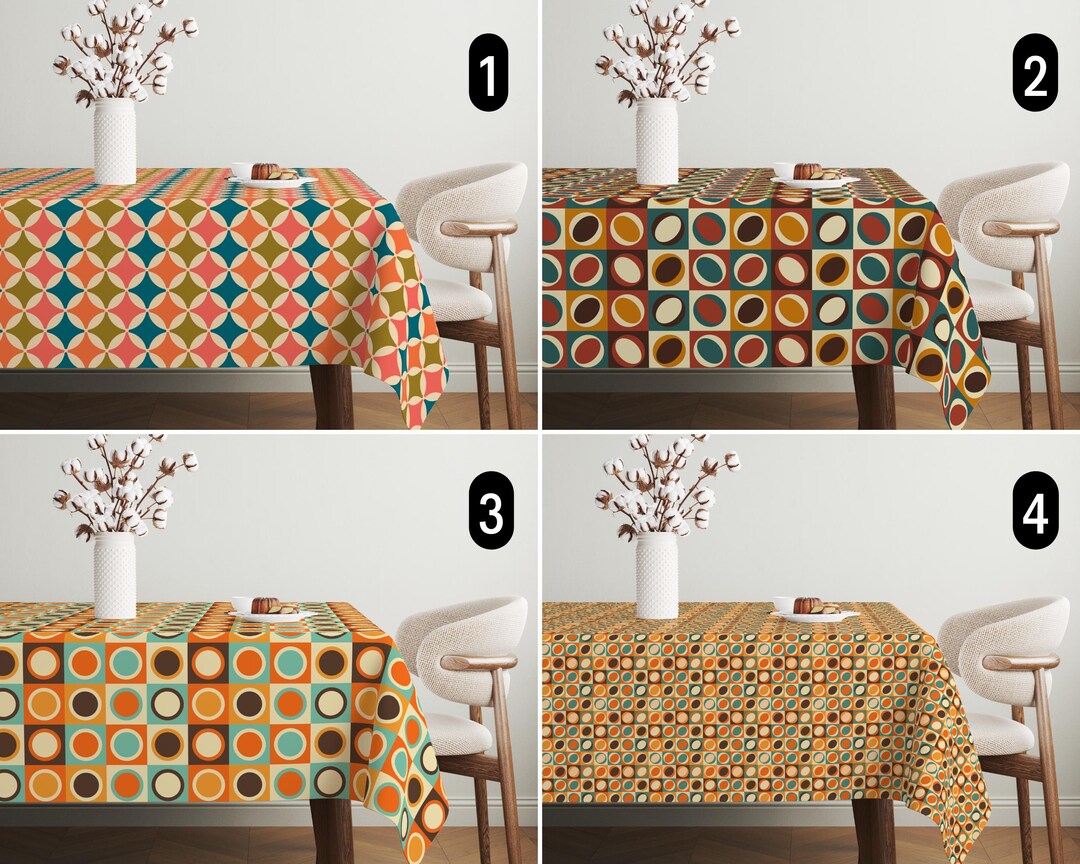 Mid Century Modern Geometric Tablecloth, Abstract Retro Vintage Digital Print Tablecloth