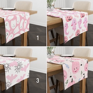 Pink Cute Halloween Table Runner, Halloween Ghost Kitchen Runner, Bats & Carved Pumpkins Tablecloth, October Decor, Boo Decor, Home Textile