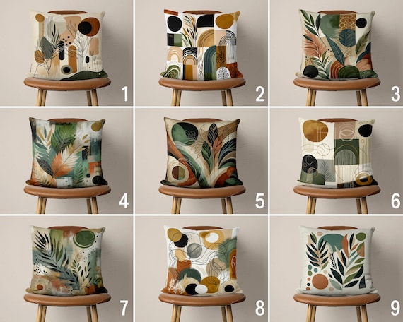 Boho Abstract Leaves & Shapes Pillow Cover, Green Abstract Cushion Cover, Leaf Design Bohemian Throw Pillow Case, Any Size, Cover Only,20x20