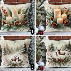 May include: Four different Christmas cushion designs. The first cushion features a winter scene with candles and pine branches. The second cushion features a winter scene with deer and pine branches. The third cushion features a winter scene with a snowy forest. The fourth cushion features a winter scene with a snowy forest and deer.