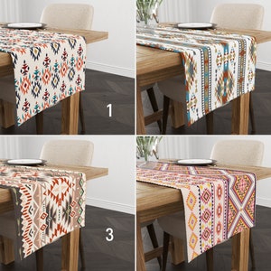 May include: Four different table runners with geometric patterns in various colors, including red, blue, yellow, and white. The runners are displayed on wooden tables with numbers 1 through 4.
