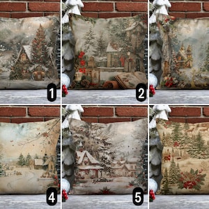 May include: Six different throw pillow covers with a winter wonderland theme. The pillows feature a snowy village scene with houses, trees, and a church. The pillows are all in a neutral color palette of beige, brown, and white.