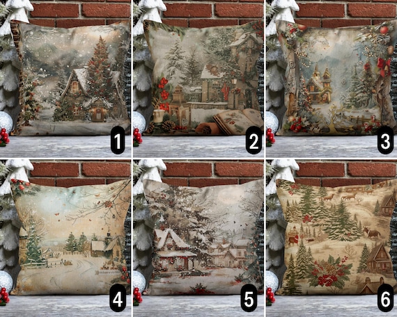 Vintage Winter Village Landscape Throw Pillow Case, Rustic Snowy Holiday Cabin Cushion Cover, Cottagecore Pillow Cover, Cozy Christmas Decor