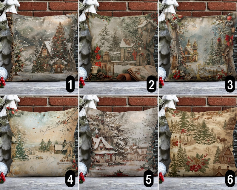 May include: Six different throw pillow covers with a winter wonderland theme. The pillows feature a snowy village scene with houses, trees, and a church. The pillows are all in a neutral color palette of beige, brown, and white.