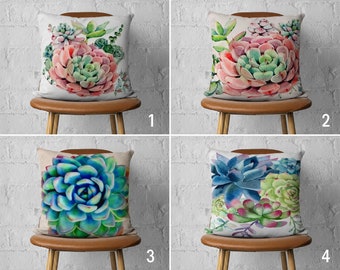 Succulent Pillow Cover, Cactus Pillow Case, Pink Blue Green Cushion Cover, Euro Pillow Sham, Handmade Pillow, Cover Only, 16x16 18x18