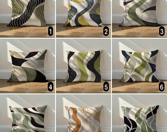 Abstract Wavy Retro Throw Pillow Cover, Green Black Contemporary Cushion Case, New Home Gift