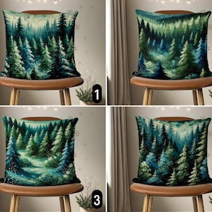 Federa per cuscino con motivo foresta di pini invernali, federa per cuscino con dipinto a olio su tela con paesaggio boschivo sempreverde, federa per cuscino con alberi verdi e blu, regalo di Natale
