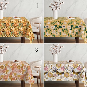Yellow Boho Floral Tablecloth, Mustard Yellow Fall Flowers Tablecloth, Mid Century Modern Retro Tablecloth, Farmhouse Dining Room Decor
