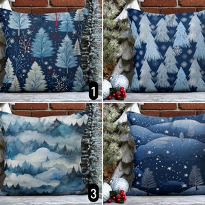 Federa per cuscino con motivo foresta di pini blu, federa per cuscino con notte invernale innevata, federa per cuscino con paesaggio natalizio, arredamento accogliente per la casa, qualsiasi dimensione