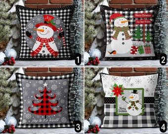 Checked Winter Throw Pillow Cover, Snowman Design Black Gray White Cushion Cover, Christmas Home Decor,New Year Pillow Case, Euro Sham Cover