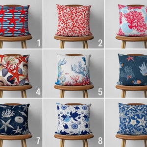 Coastal Pillow Cover, Marine Pillow Case, Coral & Starfish Cushion Cover, Beach House Decor, Ocean Decoration, Decorative Pillow Covers