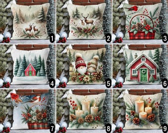 May include: Ten different Christmas cushion designs featuring winter scenes, holiday decorations, and festive imagery. The cushions are all rectangular and have a white background.