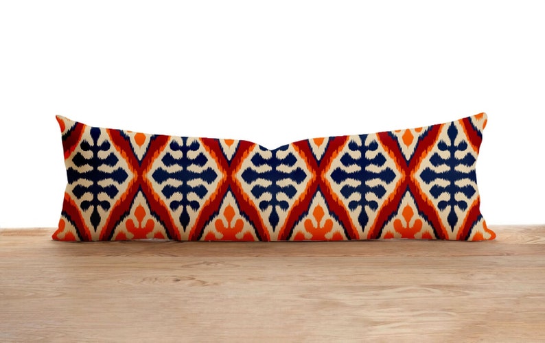 Orange Lumbar Pillow Cover, Ikat Bolster Pillow Case, Ethnic Long Pillow Cover, Cover Only, Any Size Pillow, 12x16, 12x18, 12x20, 16x24 1