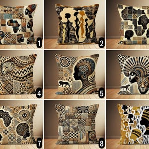Può includere: Una collezione di cuscini decorativi con disegni di ispirazione africana. I cuscini presentano vari motivi, tra cui silhouette, mappe dell'Africa e forme geometriche nei toni del marrone, beige e nero. Alcuni cuscini presentano stampe animalier e motivi tribali.