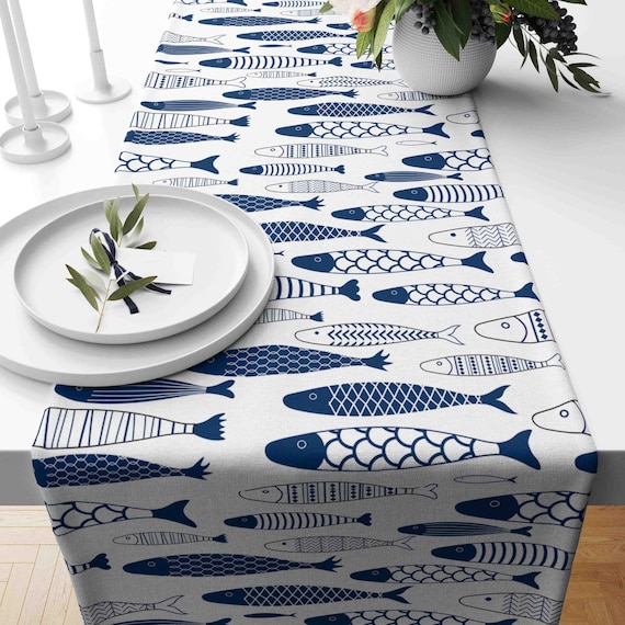 Marineblauer Tischläufer Mit Fisch-Motiv – 33 X 274 Cm, Sommerlich & Dekorativ Für Küche, Wohnzimmer & Gartenparty