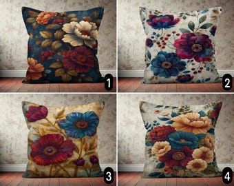 Boho Flowers Accent Pillow Cover, Vintage Floral Digital Art Pillow Cover, Elegant Antique Classic Peony Rose Pillow Case, Euro Sham, 20x20
