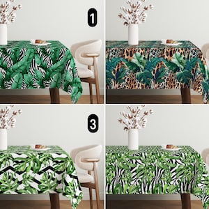 Tropical Leaves & Animal Print Tablecloth, Botanical Green Monstera and Palm Leaf Tablecloth, Zebra Stripes Leopard Print Zigzag Tablecloth