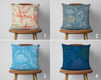 Marine & Coastal Pillow Cover, Sea Life Pillow Case, Nautical Cushion Covers, Blue 18x18 Pillow, Ocean House Decor, Beach House Decor