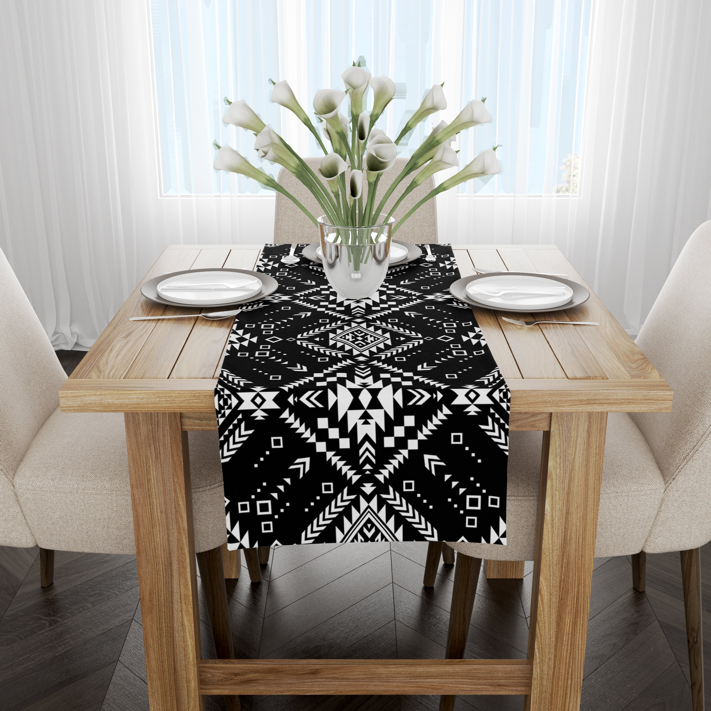 Black Tribal Pattern Runner, Aztec Motif Table Runner, Geometric Boho ...