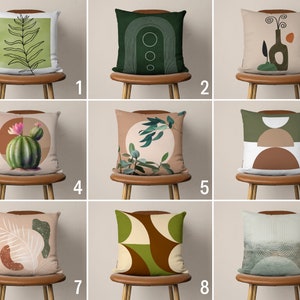 Boho Abstract Green Pillow Covers, Mid Century Modern Brown Pillow Case, Boho Flower & Leaf Cushion Cover, Any Size Pillow, Only Cover