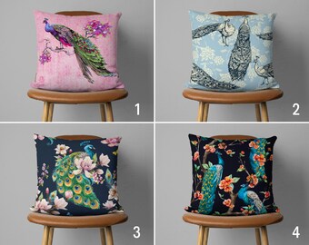 Peacocks & Flowers Pillow Cover, Beautiful Peafowl Design Pillow Case, Colorful Animal Cushion Cover, Bedroom Decor, Any Size Pillow Sham