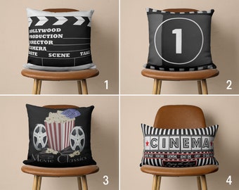 Home Cinema Throw Pillow Cover, Movie Night Popcorn Black & Gray Cushion Cover, Movie Home Decor, Any Size Pillow, Custom Pillow Cover